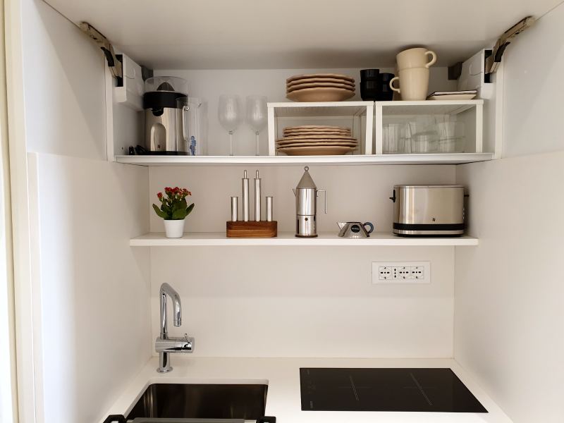 Open shelves with tableware above the induction hob and sink