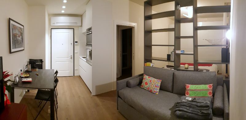 Panoramic view of the studio with dining table, entrance, kitchenette and sofa bed
